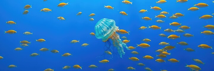 Fototapeta premium A stunning teal blue jellyfish floating gently in the ocean surrounded by schools of yellow and orange fish, jellyfish, ocean