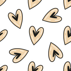 Seamless hand-drawn heart pattern doodle and flat illustration in neutral tones