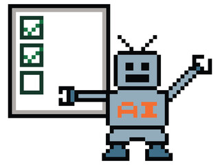Cute pixel cartoon 8 bit character robot or AI pixel 8 bit check list task learn AI technology robot education calculate chat bot decoration 8bit vector.