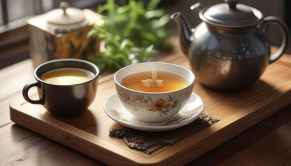 A teacup filled with hot tea rests on a wooden coaster beside a container of loose leaf tea , natural, brown, leaves