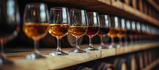 Obraz premium Wine tasting, cellar, wooden shelves, barrels