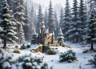 Fototapeta premium A tiny toy castle in the midst of a snow-covered forest, tiny castle, peaceful environment