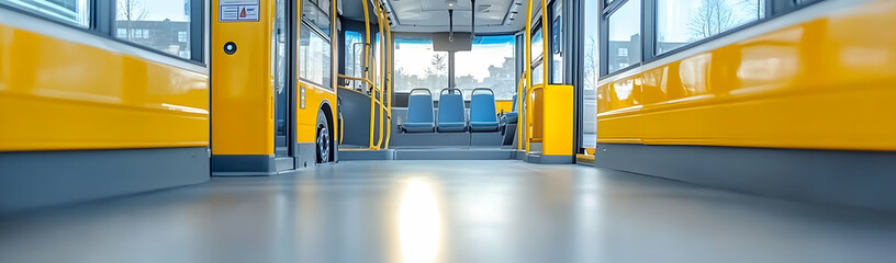 Fototapeta premium Empty yellow bus interior, city view, transport