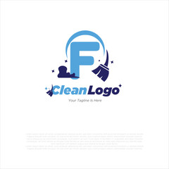 f initial letter combine with broom for cleaning service, house maintenance, repair, housecleaning, logo vector template concept