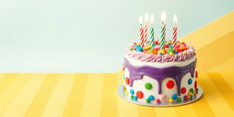 A vibrant birthday cake with colorful candy-like decorations and matching candles on a fun striped background, striped pattern, sweet treats