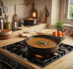 A warm and cozy kitchen scene with a pot of lentil soup simmering on the stovetop , lentil soup, comforting food