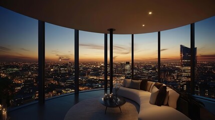 Fototapeta premium Wide-Angle View of a Luxury Apartment at Sunset