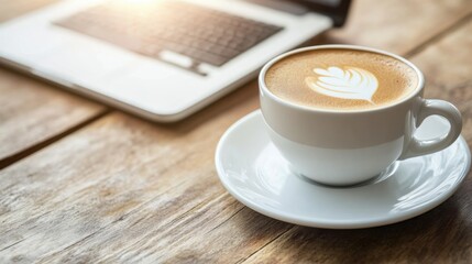 Casual Scene of Checking Emails at a Coffee Shop with a Candid Shot Featuring a Warm Cup of Coffee and a Laptop in Natural Daylight