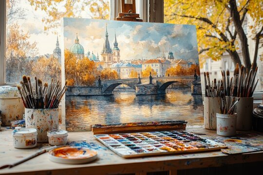 Creative Chaos: Inspiring Artist Workspace Filled with Watercolor Paints, Brushes, and Art Supplies