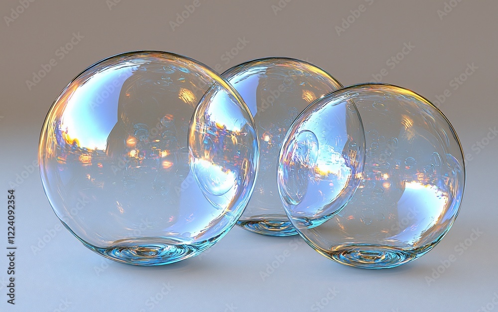 Poster three iridescent soap bubbles on a gray background.