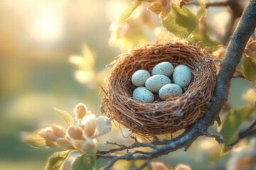 Fototapeta premium Serene Bird Nest with Eggs on Tree Branch in Natural Setting Surrounded by Peaceful Wilderness