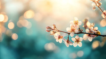 Spring blossoms backlit by sunset, garden background, nature banner