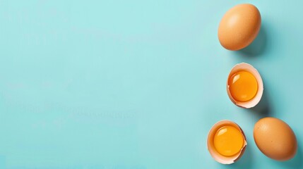 Cracked eggs, yolks, blue background, cooking, recipe