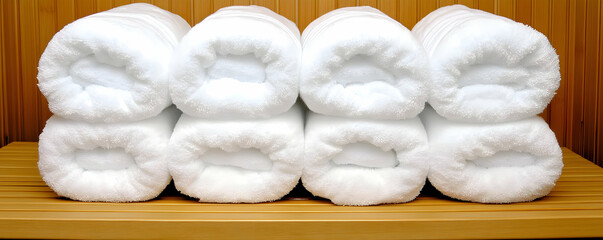 Spa towels stacked shelf wood background