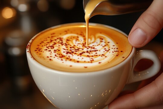 Crafting a Perfect Latte: A Close-Up of a Barista's Expertise in Making Specialty Coffee Beverages with Finesse and Precision