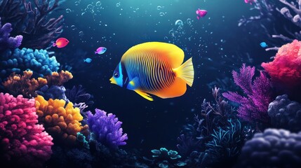 Obraz premium Colorful fish swims in vibrant coral reef, bubbles rising, ocean background, aquarium poster