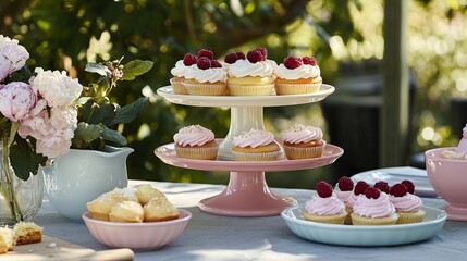 Pastel cupcakes, garden party, tiered stand, floral backdrop