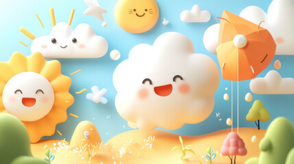Naklejka premium Joyful weather themed characters with smiling sun, clouds, and playful elements create cheerful atmosphere
