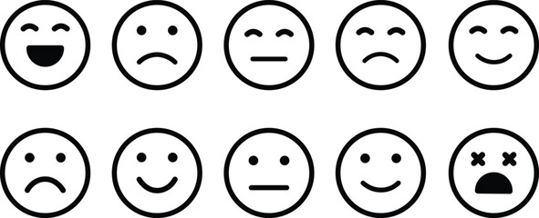 Emotion Icon in line Set. Emoji icon containing happy emotion, sad, smiling, surprised, angry, relaxed, confused, laughing and shocked isolated on transparent background Vector for apps or web