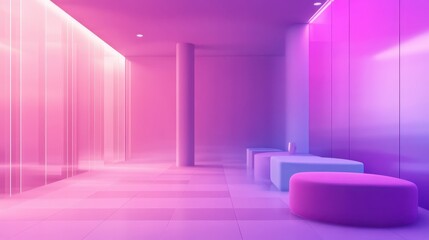 Studio with gradient lilac ombre color wall and floor, featuring a vibrant neon vector banner with cyberspace technology and futuristic product concepts.