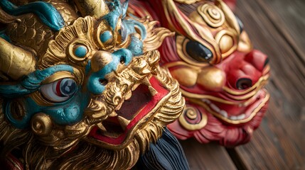 Fototapeta premium Colorful ceremonial mask, intricately designed with vibrant patterns and textures, showcasing cultural artistry, eye-catching detail.