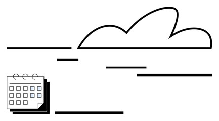 Calendar with marked dates alongside a simple cloud in a modern line-art style. Ideal for scheduling, planning, time management, digital trends, minimalism, business efficiency, and abstract line