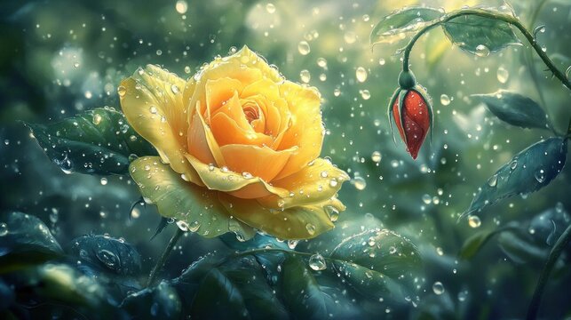 Rain-kissed yellow rose blooms in garden