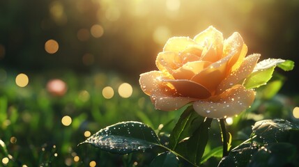 Dew-kissed rose garden sunset bokeh background
