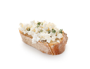 Bread slice with fresh cottage cheese and thyme on white background