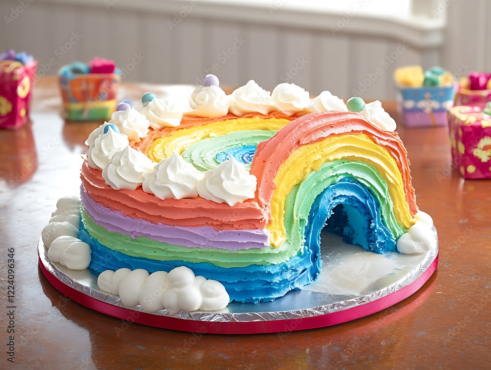 Fototapete a whimsical birthday cake shaped like a rainbow with layers of bright colors and clouds of whipped c