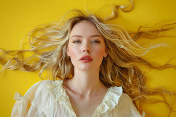 Fototapeta premium Stunning beauty portrait of a woman with long blonde hair on yellow background