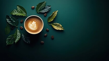 Latte art coffee cup, green leaves, beans, dark background, menu design