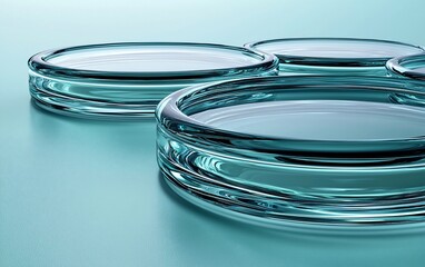 Teal glass platforms, circular shapes, product display.