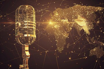 world map Low poly design of the Vintage microphone with a golden dust effect. Sparkle stardust. Glittering elegant with gold particles on bright background.