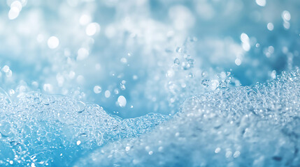 Crystal clear ice formations with bokeh effects on blue background. Winter season and natural phenomena illustration