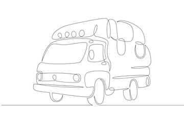 One continuous drawing line logo car caravan, travel trailer, camper,camper trailer .Single hand drawn art line doodle outline isolated minimal illustration cartoon character flat