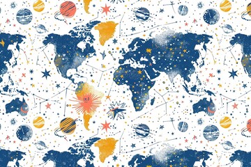 seamless pattern flat illustration style, world map modern conceptual mash line and point virtual reality on white background with an inscription.