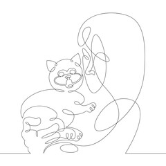 One continuous drawing line logo portrait owner with a cat in his arms .Single hand drawn art line doodle outline isolated minimal illustration cartoon character flat