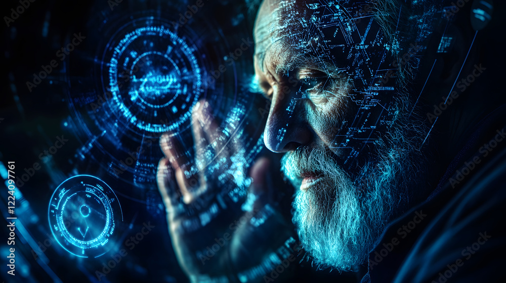 Poster elderly man contemplating futuristic digital technology interface : generative ai