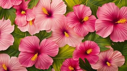Vibrant Hibiscus Flowers with Green Leaves in a Lush Background