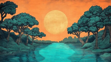 Elegant Art Nouveau Poster Celebrating a River Cleanup Day with Flowing Lines and Warm Midday Light in an Open Area Featuring Verdant Trees and Golden Sun