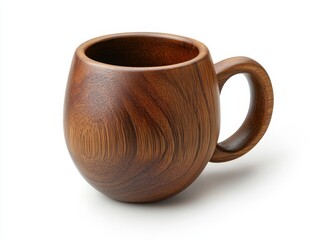 Round wooden mug with a handle, isolated on white.