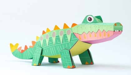Papercraft Crocodile Standing on a White Background