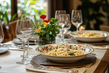 A table set with pasta dishes and wine glasses