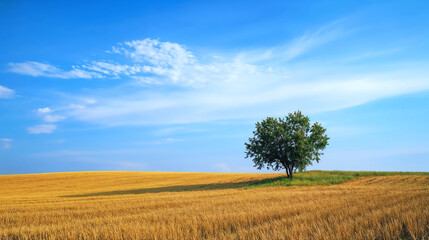 Obraz premium Solitary tree in golden wheat field under blue sky. Agricultural landscape and environmental conservation concept