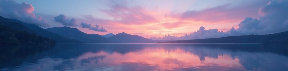Fototapeta premium Soft wispy clouds float above a serene lake surface at dusk, twilight, peaceful