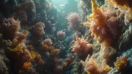 Fototapeta premium Underwater coral reef, vibrant life, sunlight, medical illustration