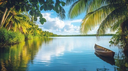 Obraz premium Serene tropical landscape, calm waters reflecting vibrant greens and blues, ideal for relaxation or meditation themes.