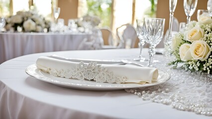 Fototapeta premium Elegant close-up of a white linen napkin adorned with delicate lace, resting on a pristine charger at a luxurious wedding reception.