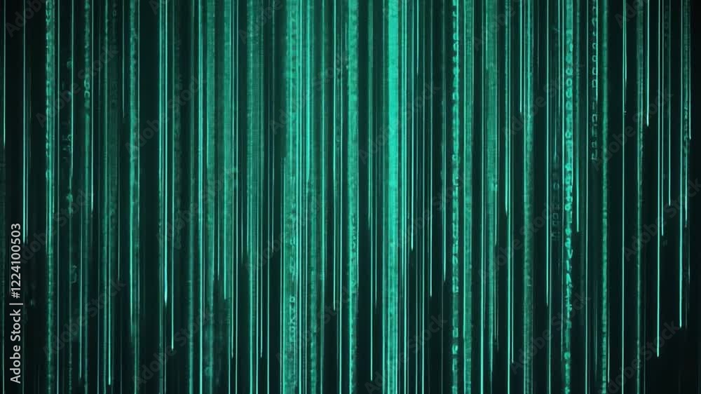 Fototapete digital rain: abstract digital art depicting a cascade of teal green binary code falling down a dark